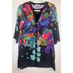 Soft Surroundings Top Size PXS Floral Watercolor Sheer Lined Button Up Tunic